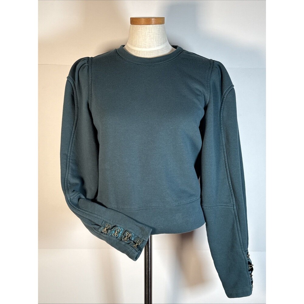 ANTHROPOLOGIE Small Puff Sleeve Sweatshirt Cropped Green Hook & Eye Cuff